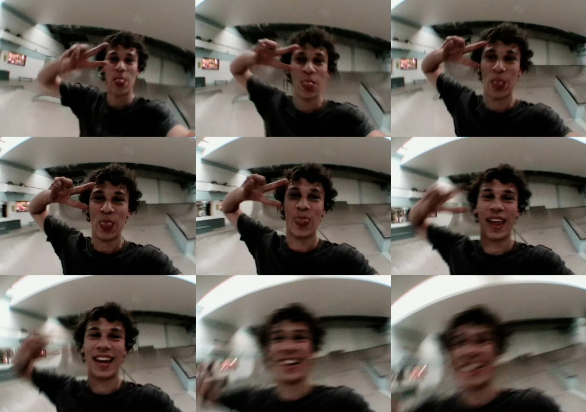 Lucien making playful faces in a collage of skatepark selfies, capturing his energetic personality.